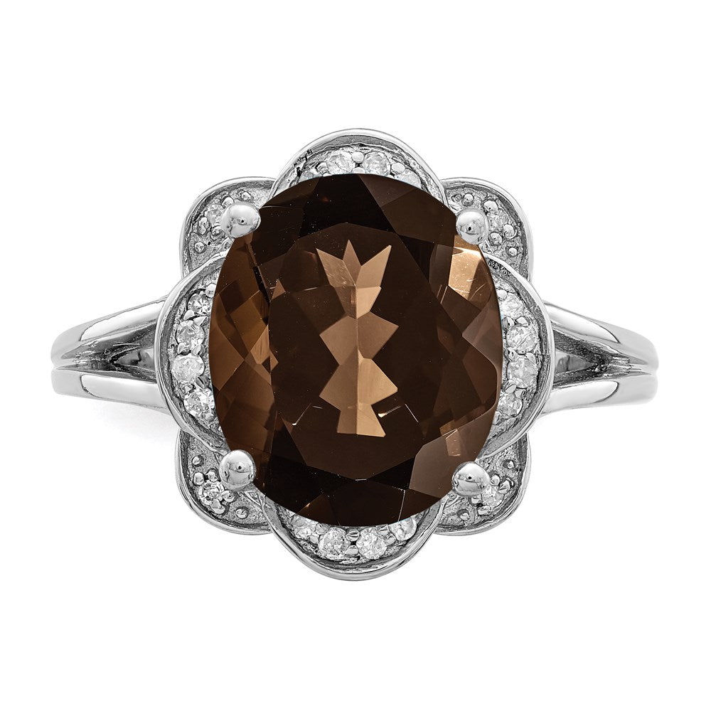 Sterling Silver Rhodium Oval Smoky Quartz & Diamond Ring (Size 7 Only)