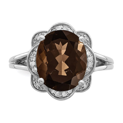 Sterling Silver Rhodium Oval Smoky Quartz & Diamond Ring (Size 7 Only)