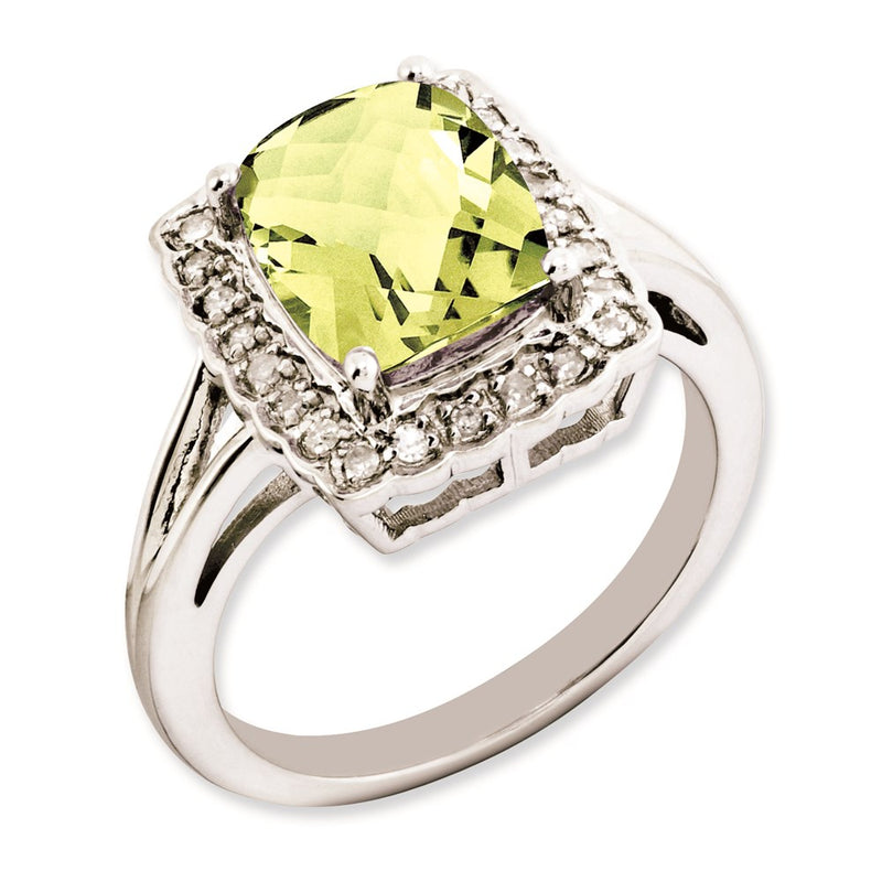 Sterling Silver Rhodium Plated Checker Cut Lemon Quartz & Diamond Ring (Size 7 Only)