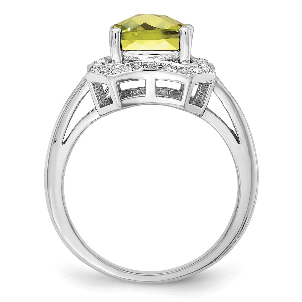 Sterling Silver Rhodium Checker Cut Lemon Quartz & Diamond Ring (Size 7 Only)