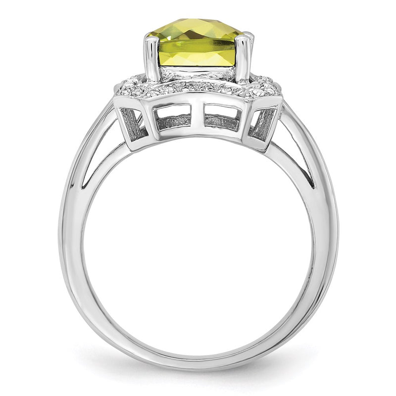 Sterling Silver Rhodium Checker Cut Lemon Quartz & Diamond Ring (Size 7 Only)