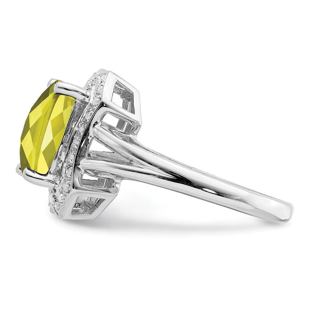 Sterling Silver Rhodium Checker Cut Lemon Quartz & Diamond Ring (Size 7 Only)