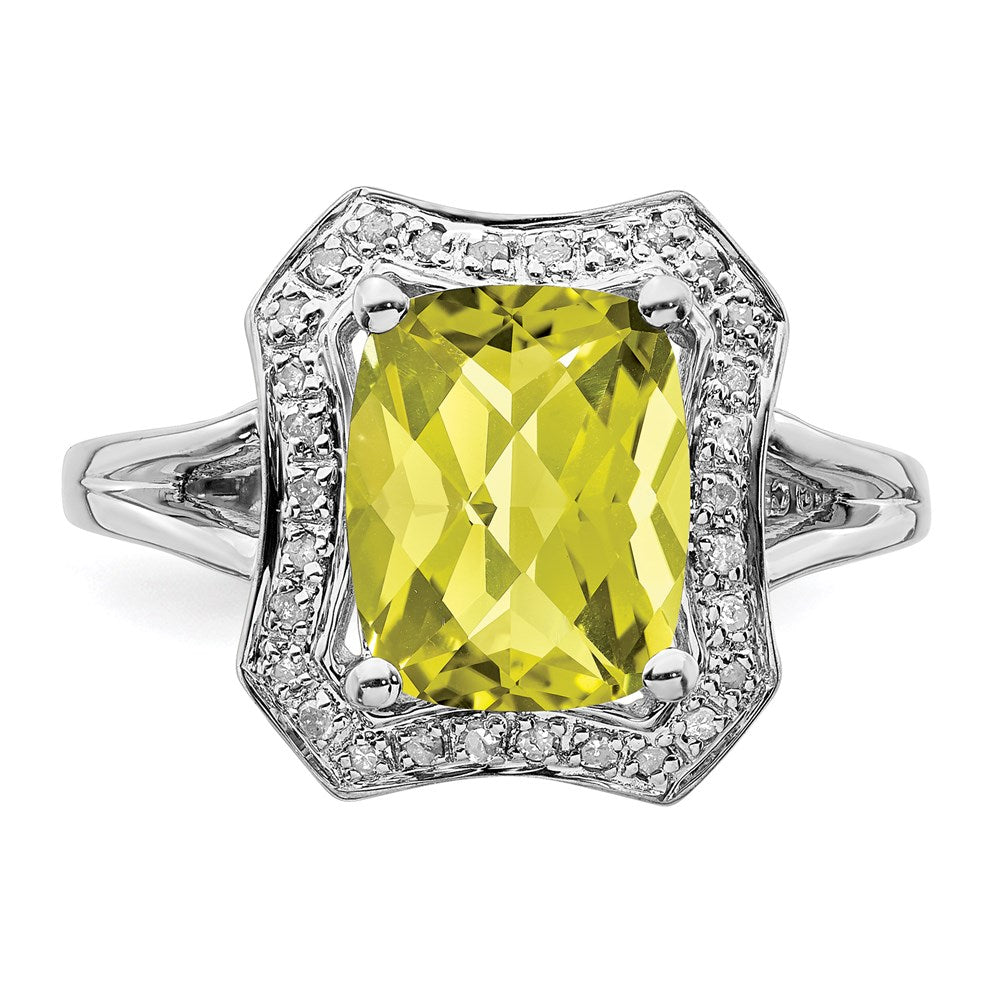 Sterling Silver Rhodium Checker Cut Lemon Quartz & Diamond Ring (Size 7 Only)
