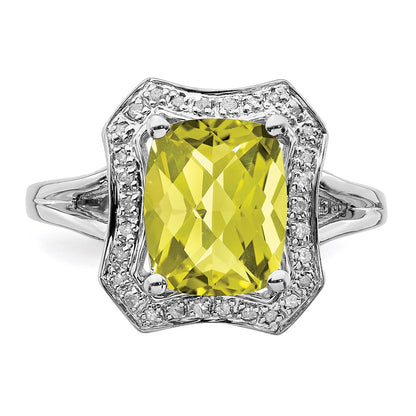 Sterling Silver Rhodium Checker Cut Lemon Quartz & Diamond Ring (Size 7 Only)