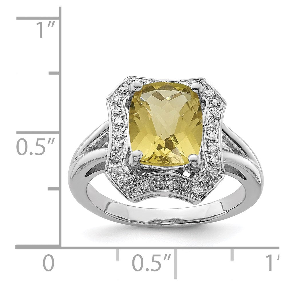 Sterling Silver Rhodium Checker Cut Lemon Quartz & Diamond Ring (Size 7 Only)