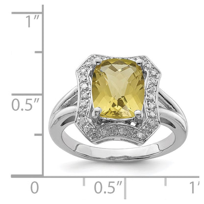 Sterling Silver Rhodium Checker Cut Lemon Quartz & Diamond Ring (Size 7 Only)