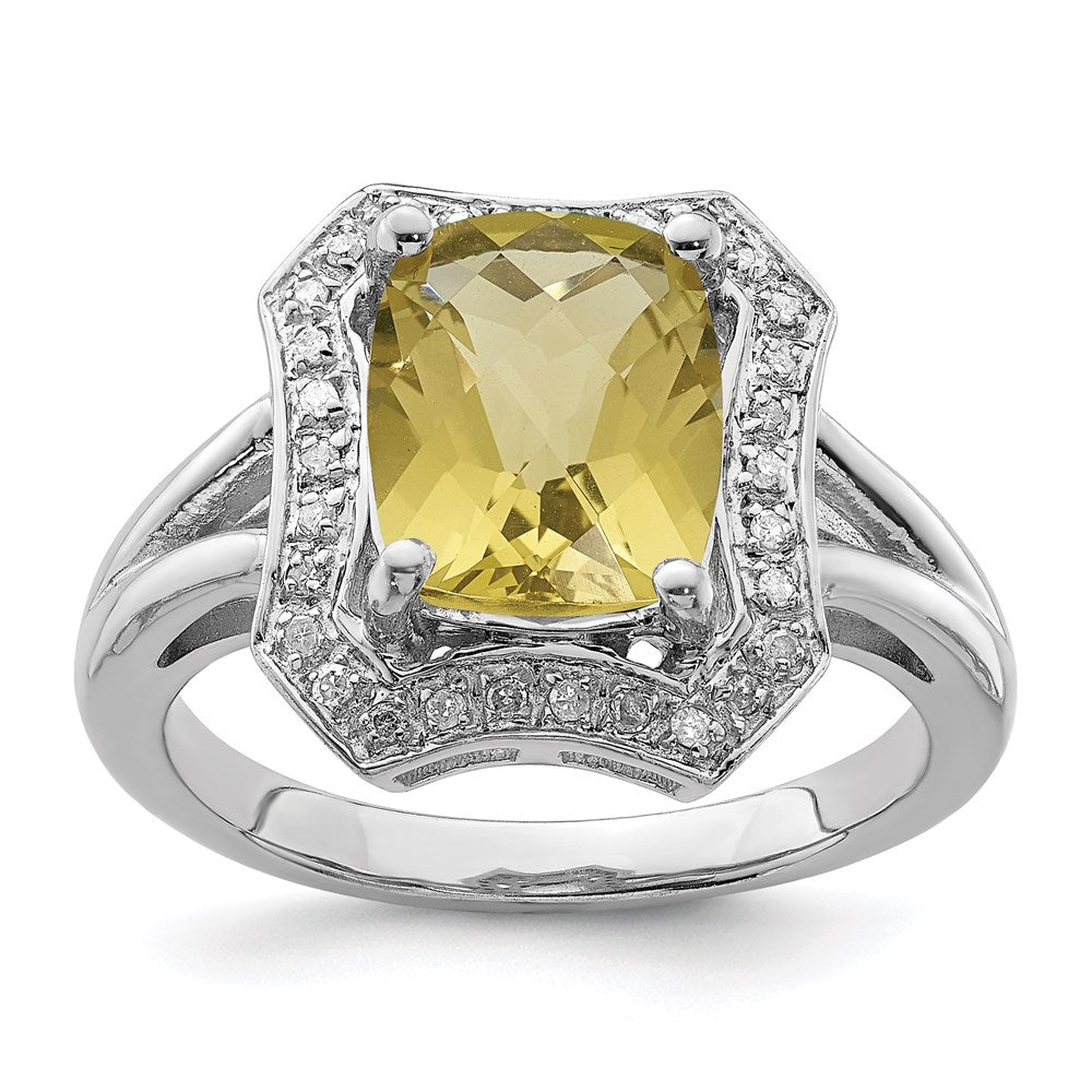Sterling Silver Rhodium Checker Cut Lemon Quartz & Diamond Ring (Size 7 Only)