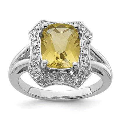 Sterling Silver Rhodium Checker Cut Lemon Quartz & Diamond Ring (Size 7 Only)