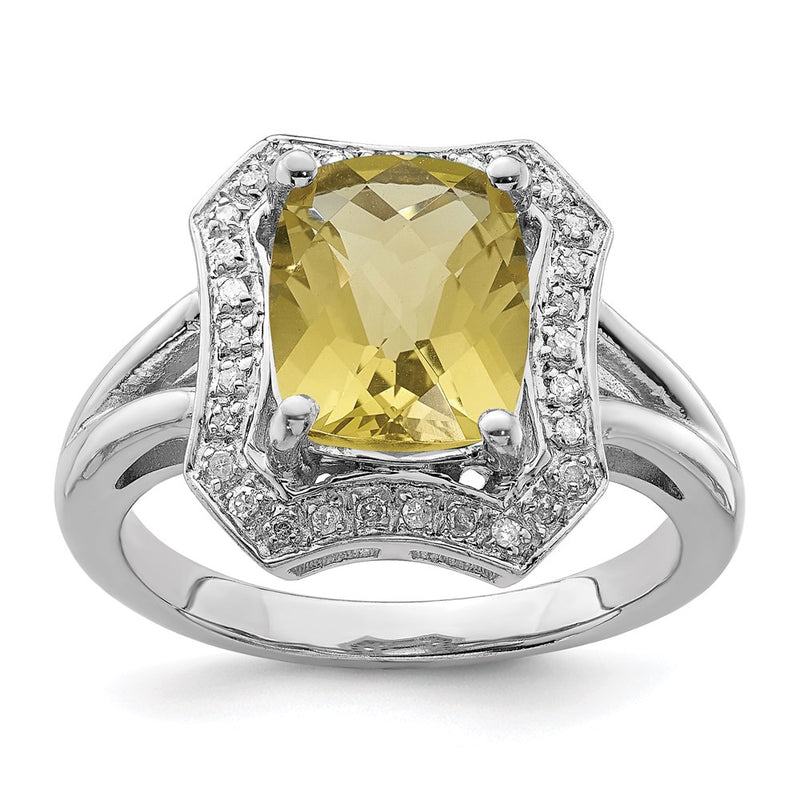 Sterling Silver Rhodium Checker Cut Lemon Quartz & Diamond Ring (Size 7 Only)