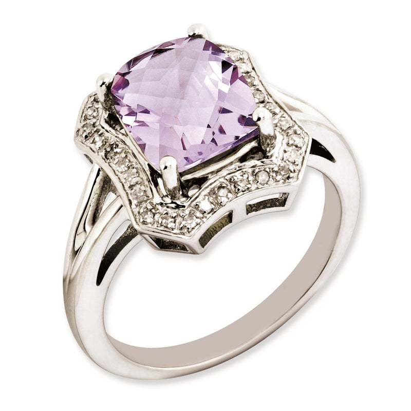 Sterling Silver Rhodium Plated Checker Cut Pink Quartz & Diamond Ring (Size 7 Only)