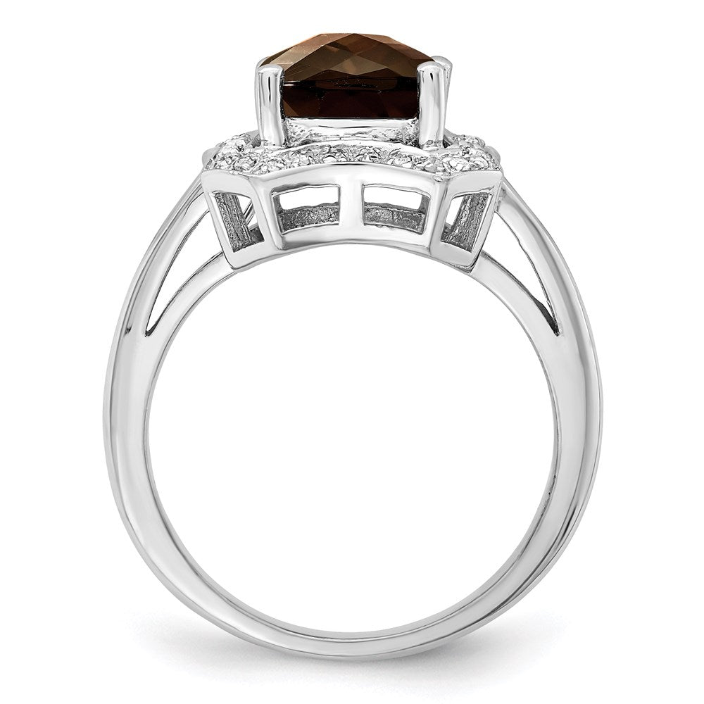 Sterling Silver Rhodium Checker Cut Smoky Quartz & Diamond Ring (Size 7 Only)