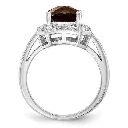 Sterling Silver Rhodium Checker Cut Smoky Quartz & Diamond Ring (Size 7 Only)