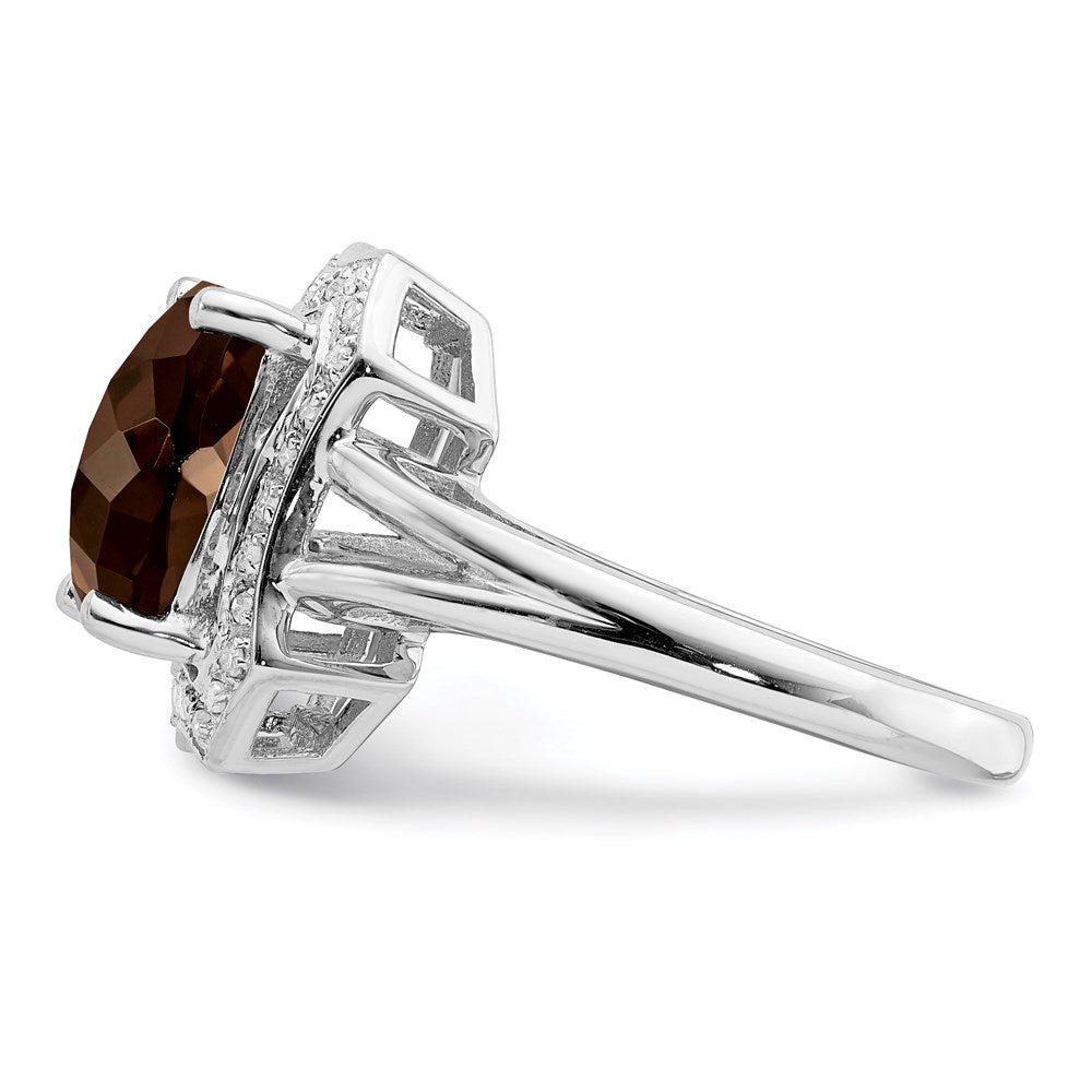 Sterling Silver Rhodium Checker Cut Smoky Quartz & Diamond Ring (Size 7 Only)