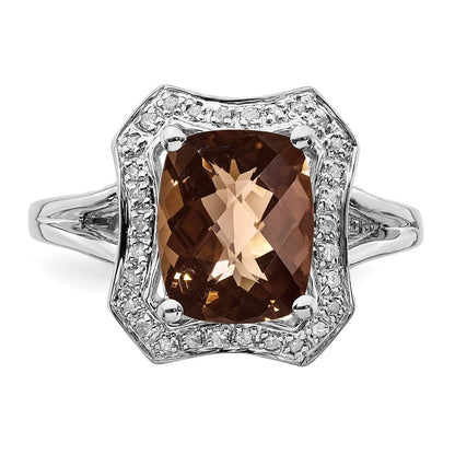 Sterling Silver Rhodium Checker Cut Smoky Quartz & Diamond Ring (Size 7 Only)