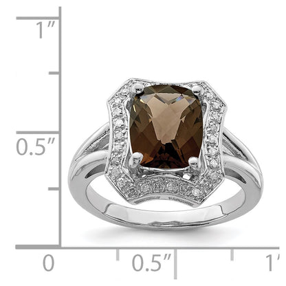 Sterling Silver Rhodium Checker Cut Smoky Quartz & Diamond Ring (Size 7 Only)