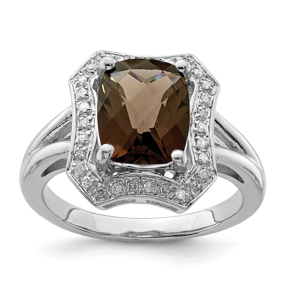 Sterling Silver Rhodium Checker Cut Smoky Quartz & Diamond Ring (Size 7 Only)