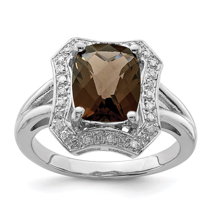 Sterling Silver Rhodium Checker Cut Smoky Quartz & Diamond Ring (Size 7 Only)
