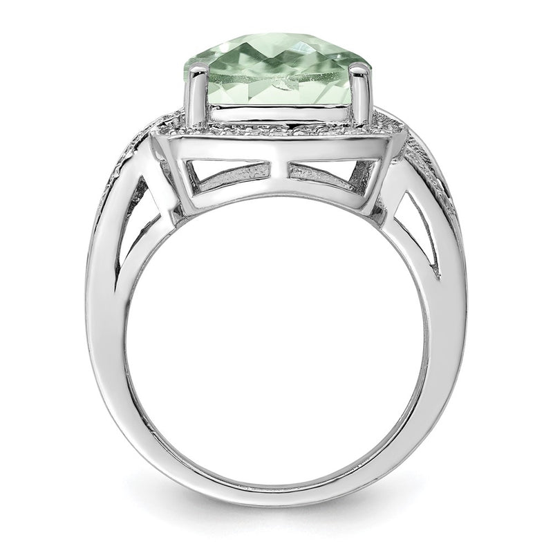 Sterling Silver Rhodium Checker Cut Green Quartz & Diamond Ring (Size 7 Only)