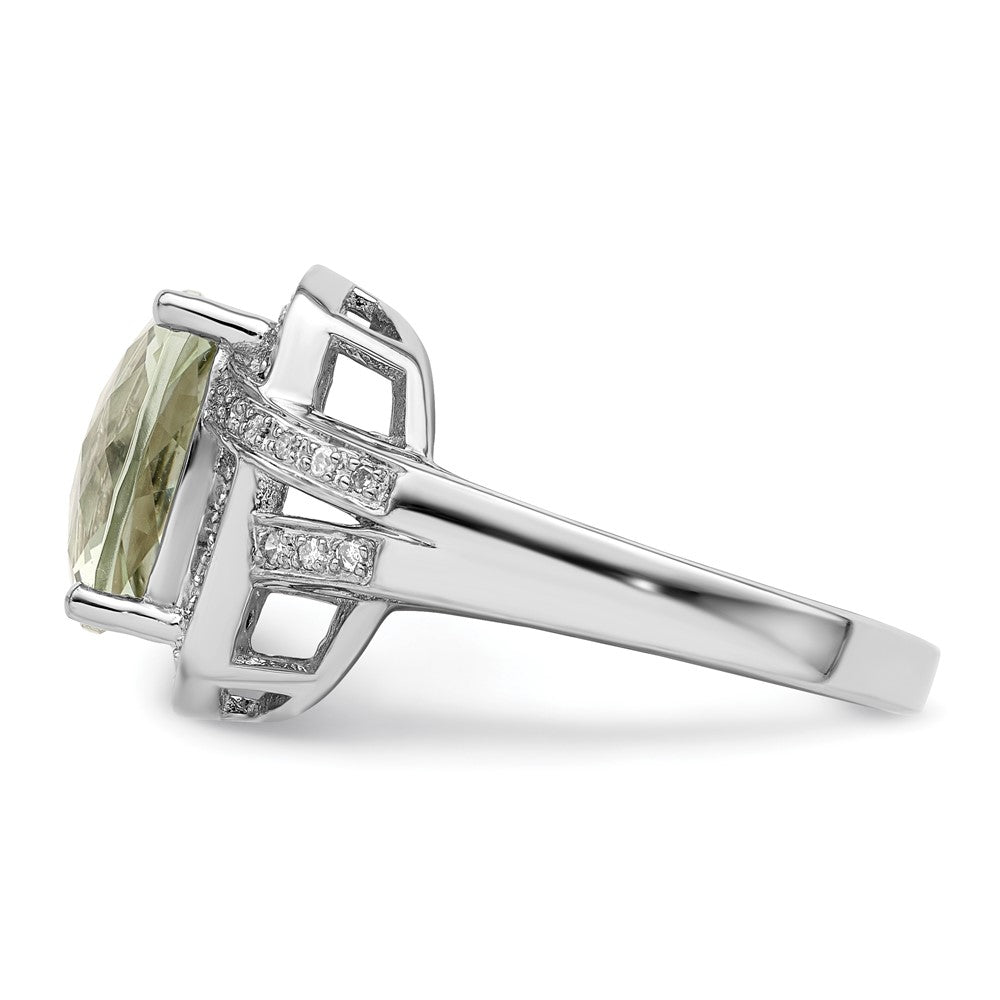 Sterling Silver Rhodium Checker Cut Green Quartz & Diamond Ring (Size 7 Only)