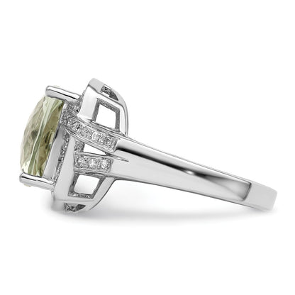 Sterling Silver Rhodium Checker Cut Green Quartz & Diamond Ring (Size 7 Only)