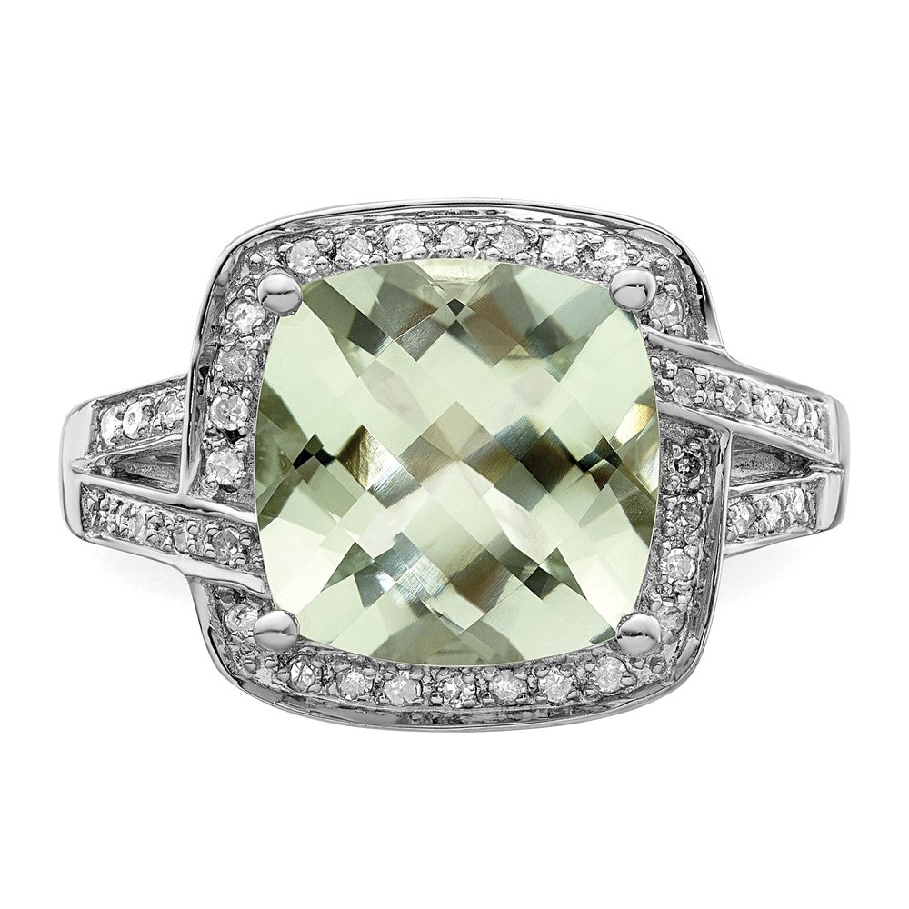 Sterling Silver Rhodium Checker Cut Green Quartz & Diamond Ring (Size 7 Only)
