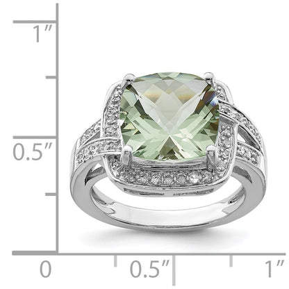 Sterling Silver Rhodium Checker Cut Green Quartz & Diamond Ring (Size 7 Only)