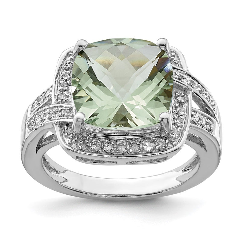 Sterling Silver Rhodium Checker Cut Green Quartz & Diamond Ring (Size 7 Only)