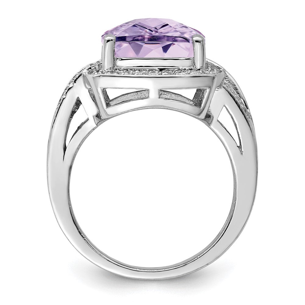 Sterling Silver Rhodium Checker Cut Pink Quartz & Diamond Ring (Size 7 Only)