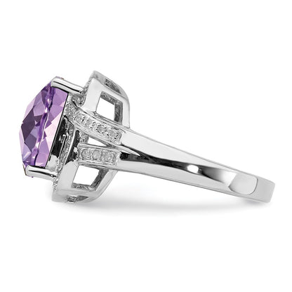 Sterling Silver Rhodium Checker Cut Pink Quartz & Diamond Ring (Size 7 Only)