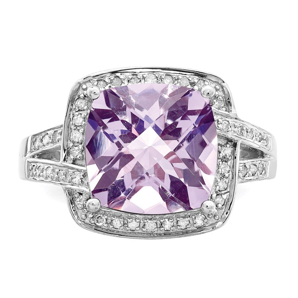 Sterling Silver Rhodium Checker Cut Pink Quartz & Diamond Ring (Size 7 Only)