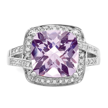 Sterling Silver Rhodium Checker Cut Pink Quartz & Diamond Ring (Size 7 Only)