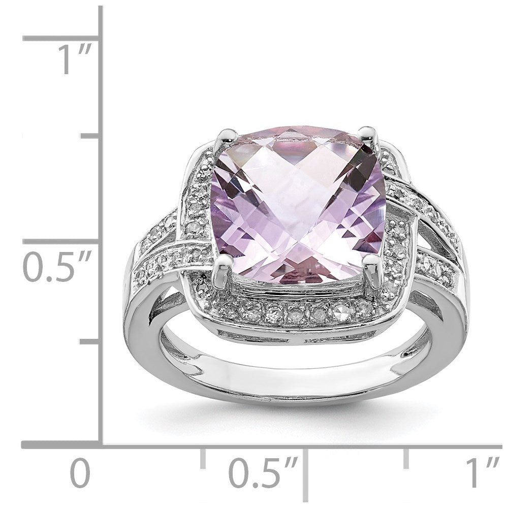 Sterling Silver Rhodium Checker Cut Pink Quartz & Diamond Ring (Size 7 Only)