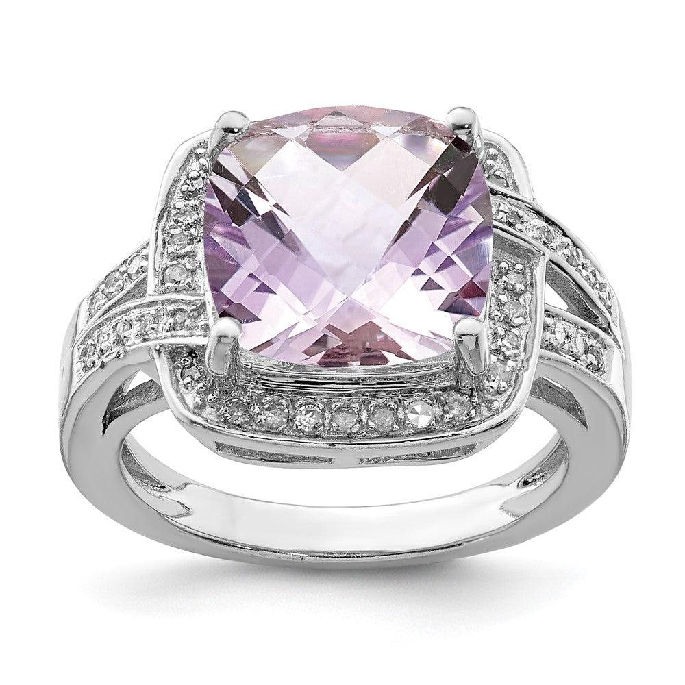 Sterling Silver Rhodium Checker Cut Pink Quartz & Diamond Ring (Size 7 Only)