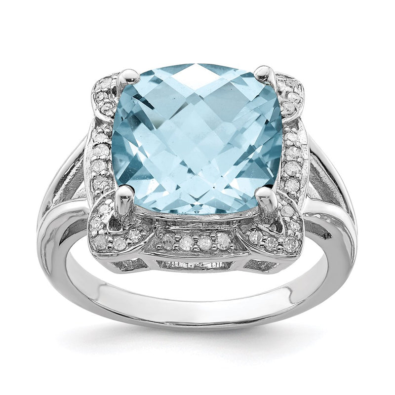 Sterling Silver Rhodium Checker Cut Sky Blue Topaz & Diamond Ring (Size 5 Only)