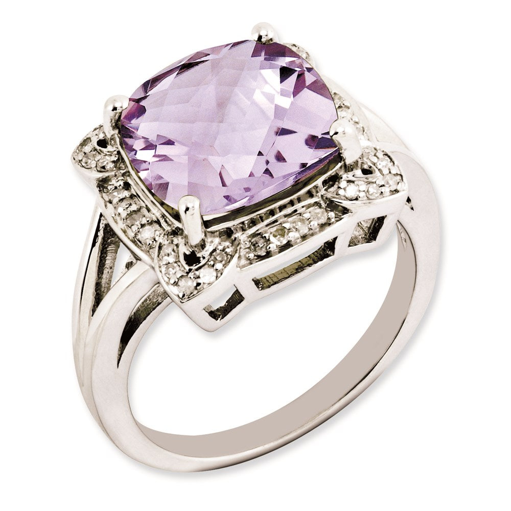 Sterling Silver Rhodium Plated Checker Cut Pink Quartz & Diamond Ring (Size 7 Only)