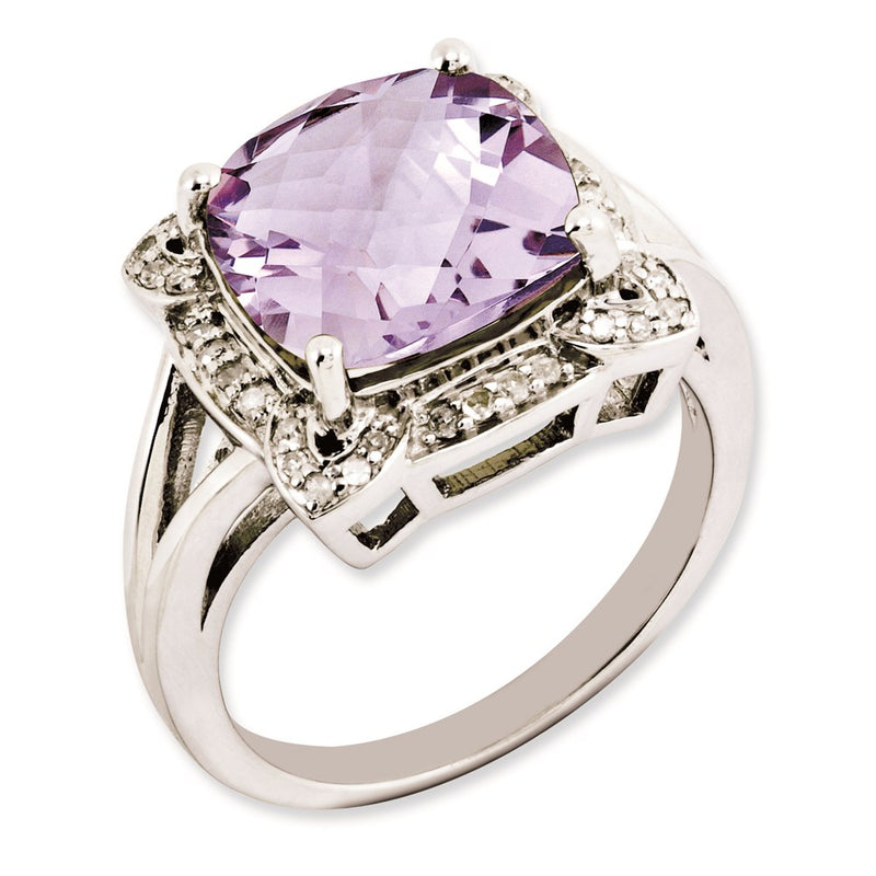 Sterling Silver Rhodium Plated Checker Cut Pink Quartz & Diamond Ring (Size 7 Only)