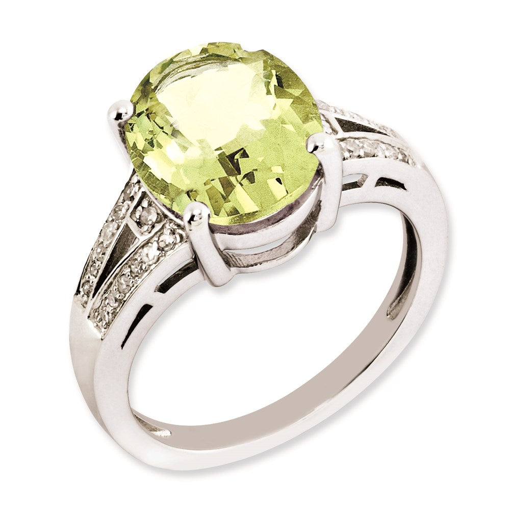 Sterling Silver Rhodium Plated Oval Lemon Quartz & Diamond Ring (Size 7 Only)