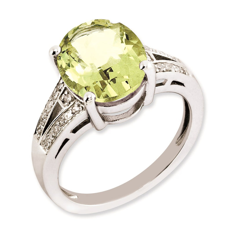 Sterling Silver Rhodium Plated Oval Lemon Quartz & Diamond Ring (Size 7 Only)