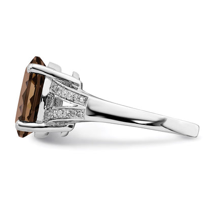 Sterling Silver Rhodium Oval Smoky Quartz & Diamond Ring (Size 7 Only)