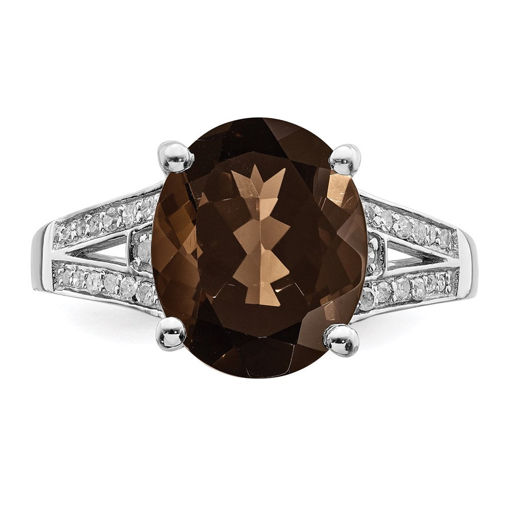 Sterling Silver Rhodium Oval Smoky Quartz & Diamond Ring (Size 7 Only)