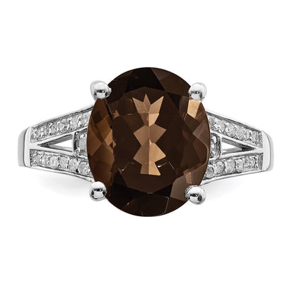 Sterling Silver Rhodium Oval Smoky Quartz & Diamond Ring (Size 7 Only)