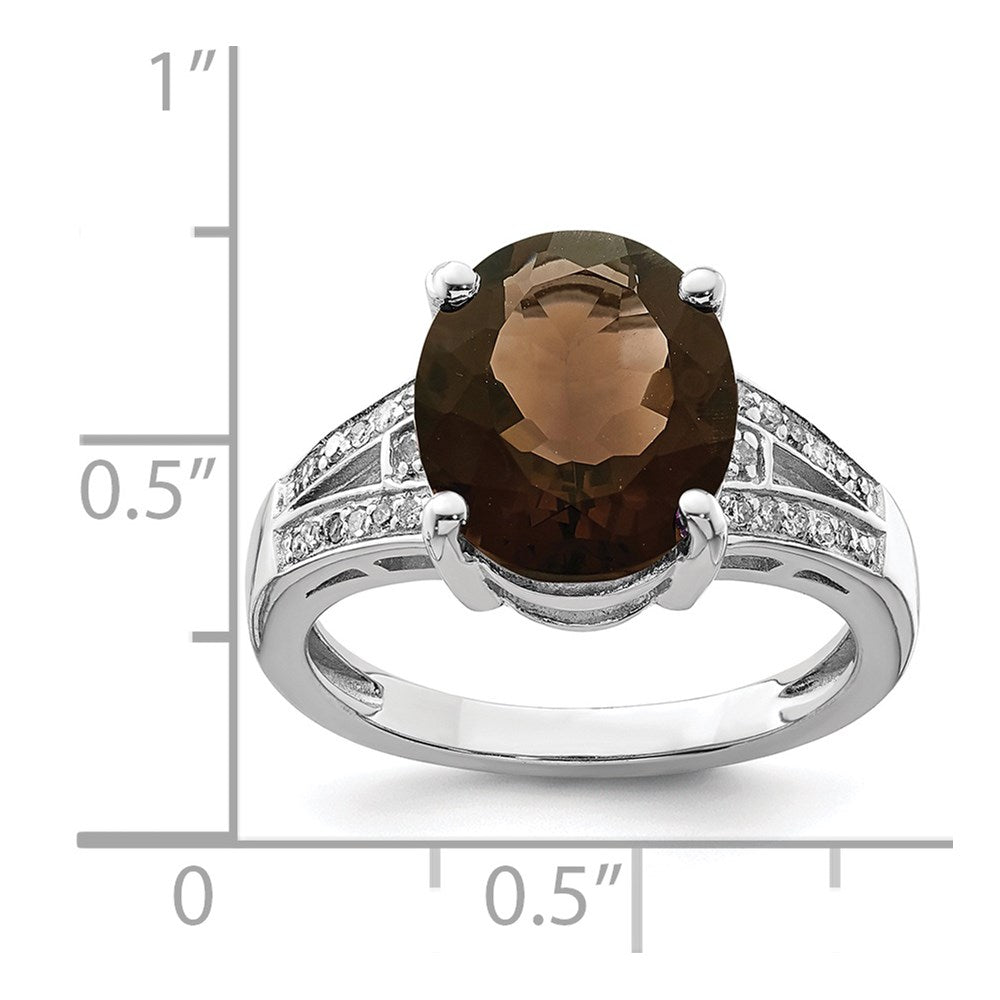 Sterling Silver Rhodium Oval Smoky Quartz & Diamond Ring (Size 7 Only)