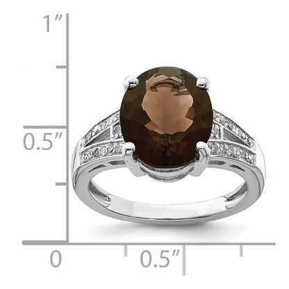 Sterling Silver Rhodium Oval Smoky Quartz & Diamond Ring (Size 7 Only)