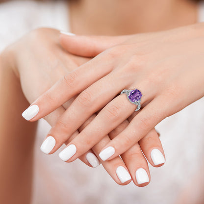Sterling Silver Rhodium Plated Amethyst & Diamond Ring