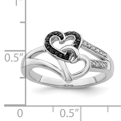 Sterling Silver White Night Rhodium Plated Black And Diamond Heart Ring