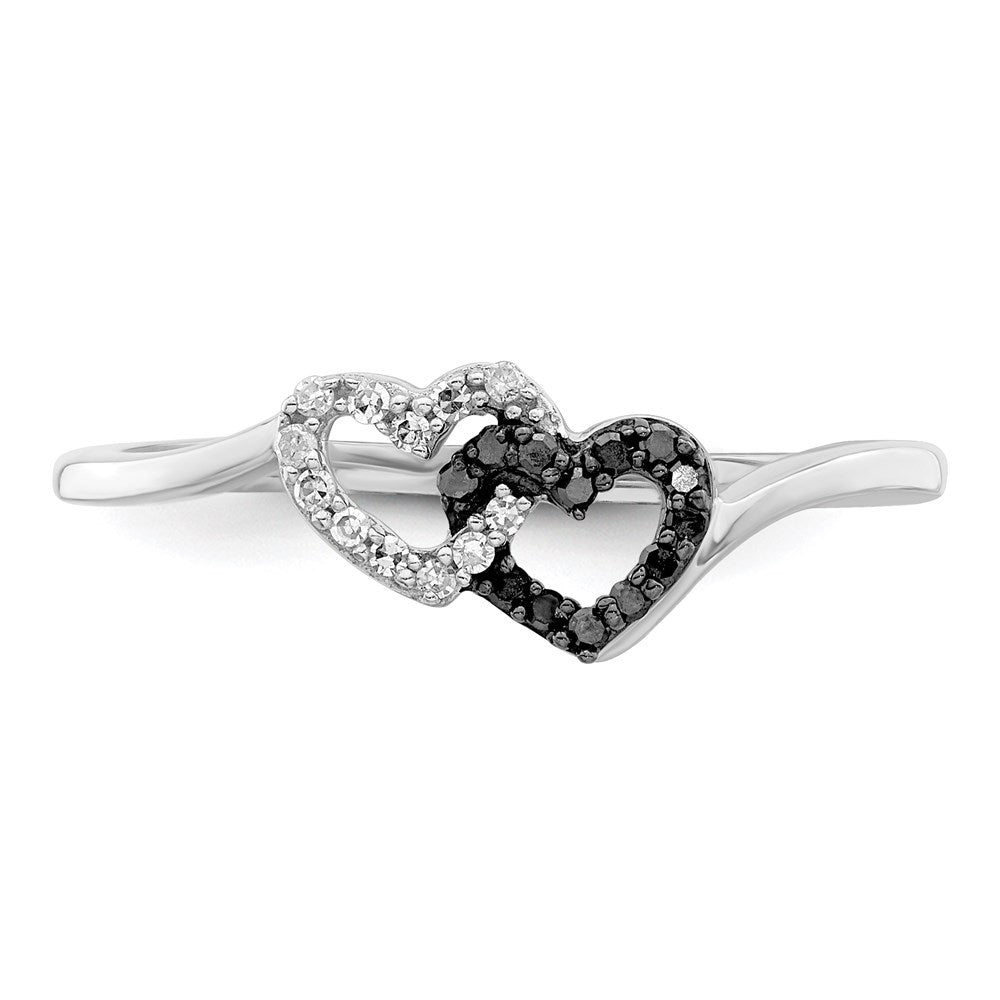 Sterling Silver White Night Rhodium Plated Black And Diamond Double Heart Ring