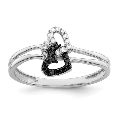Sterling Silver White Night Rhodium Plated Black And Diamond Double Heart Ring