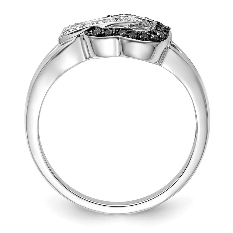 Sterling Silver White Night Rhodium Plated Black And Diamond Hearts Ring