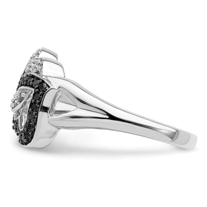 Sterling Silver White Night Rhodium Plated Black And Diamond Hearts Ring