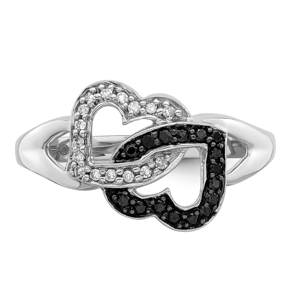 Sterling Silver White Night Rhodium Plated Black And Diamond Hearts Ring